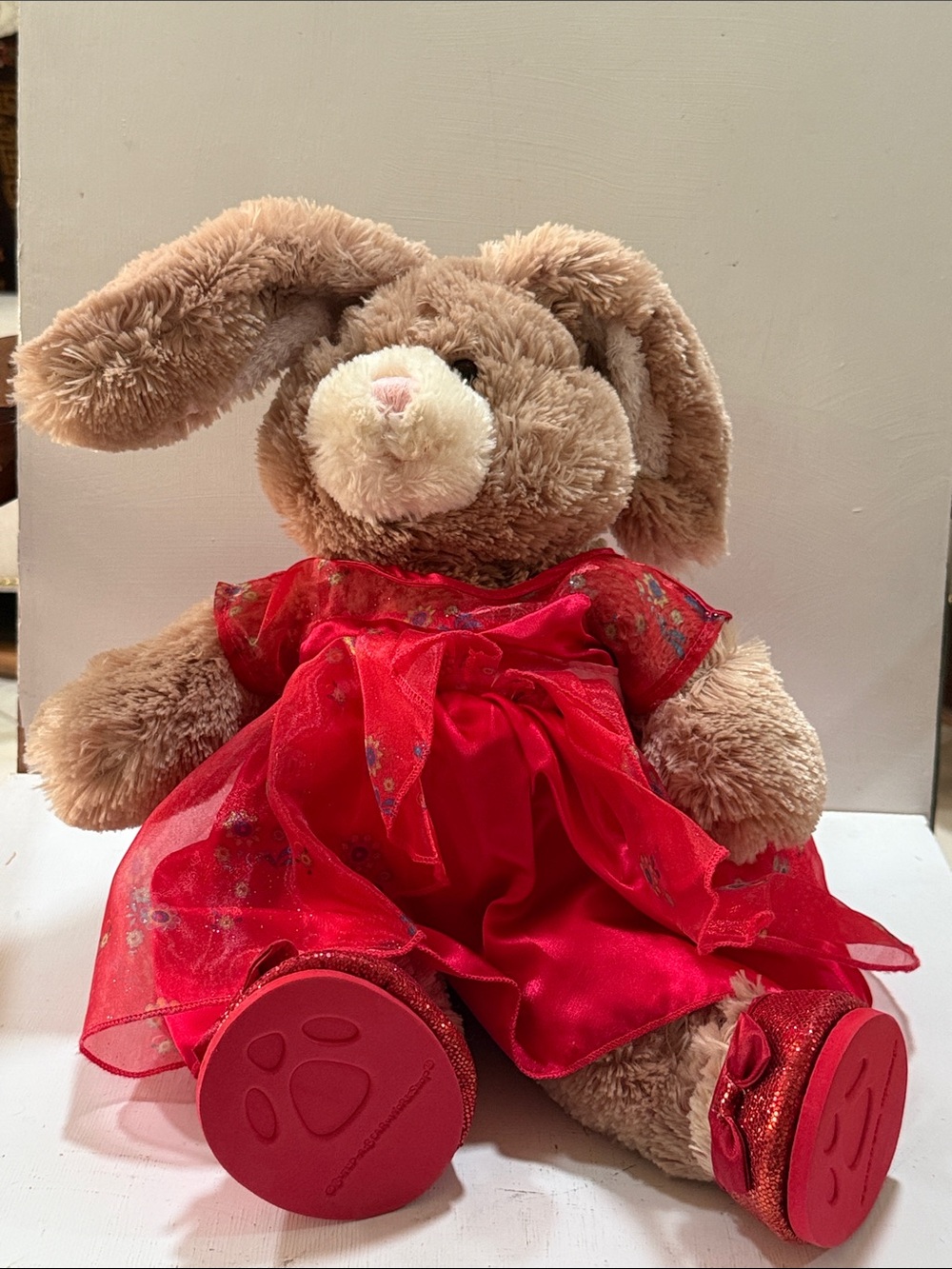 Build-A-Bear Plush Brown Bunny in Red Dress 18” with Red Sparkly Shoes